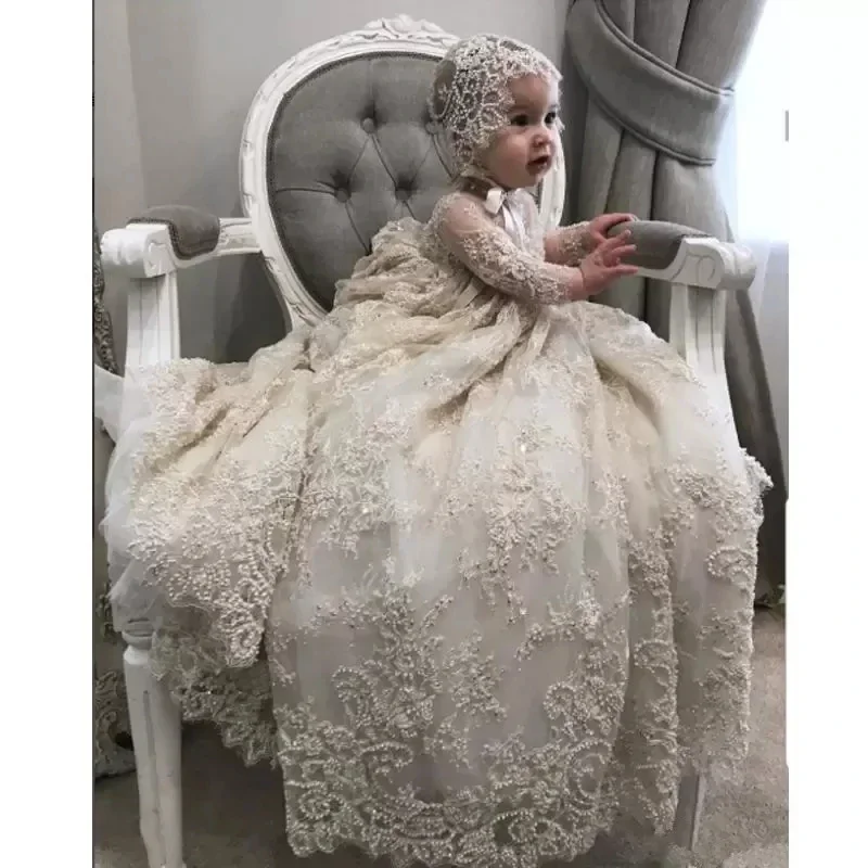 Christening Gown for Little Kids Long Sleeve Lace Pearls First Communion Dress Toddler Infant Baptism Gowns