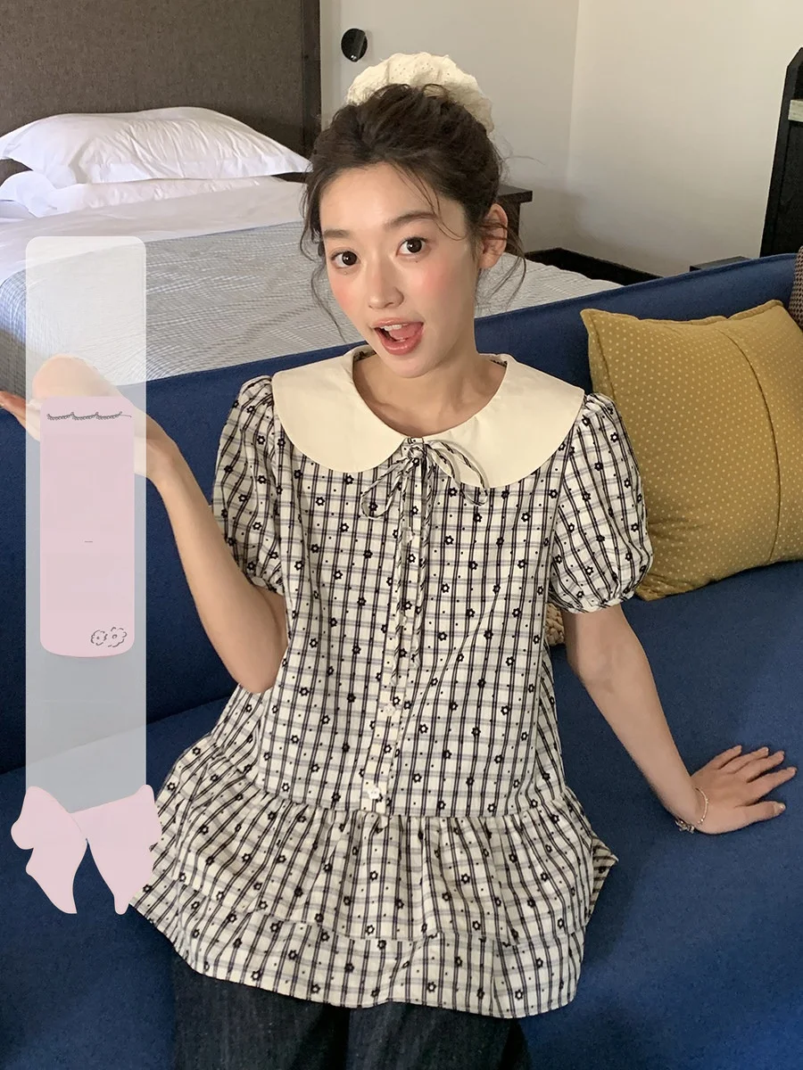 

Женская летняя блузка в клетку с воротником для куклы Floing Floral irt, свободный крой, повседневный топ из полиэфирного волокна Bubble Sve