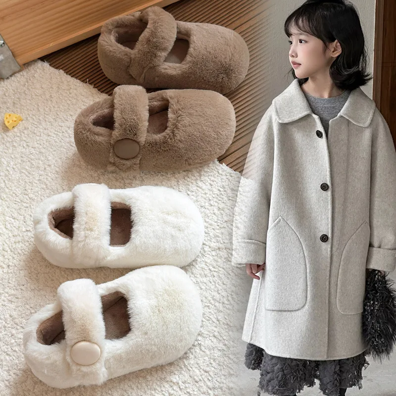 

2025 Winter New Children Plush Leather Shoes for Girls Fashion Korean Style Soft Bottom Anti-slippery Versatile Princess Shoes