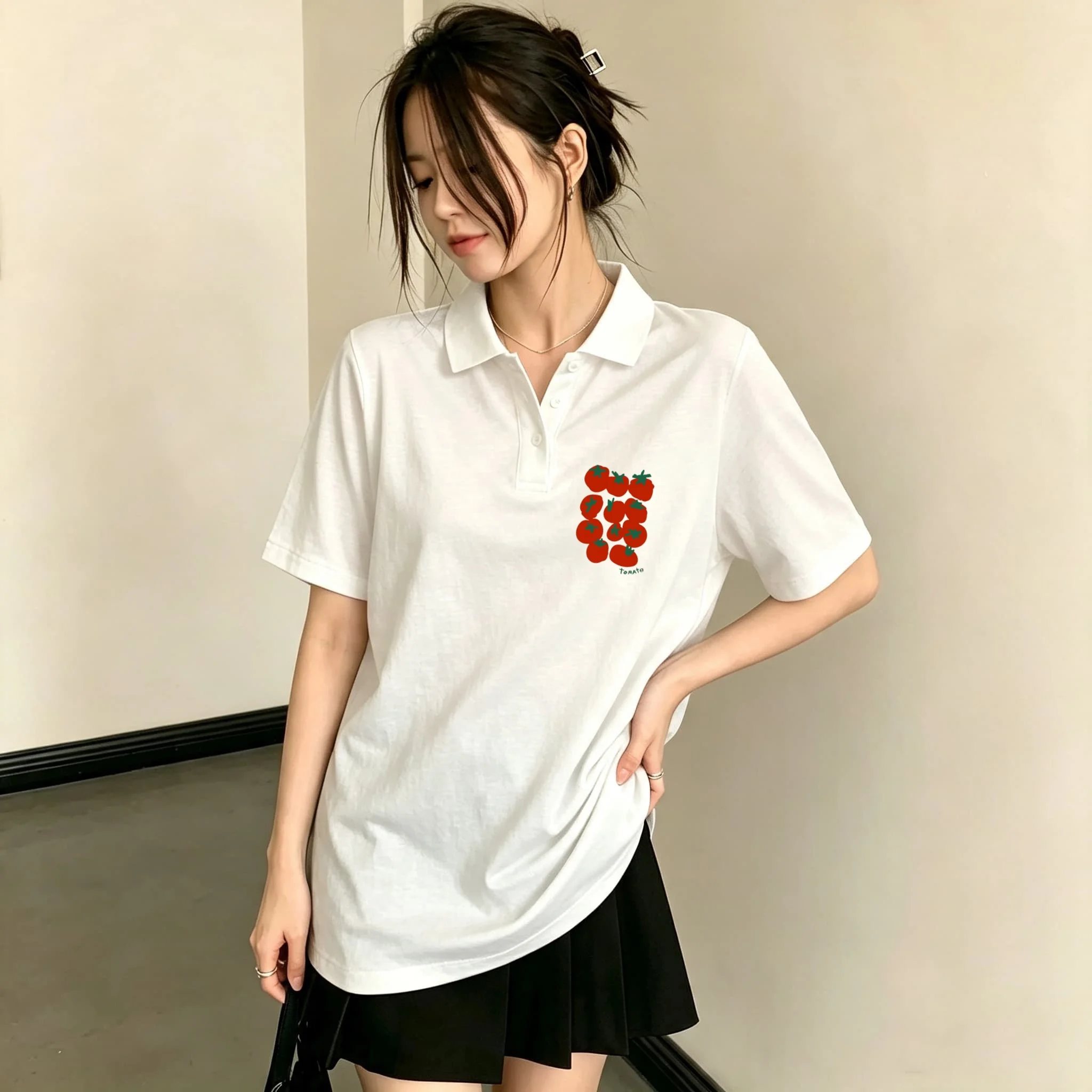 Fresh Casual Black Polo Blouse for Girls Lovely Hand Drawn Tomato Fruit Graphic Print Short Sleeve Loose Light Breathable Everyday Basic Wear Shirt
