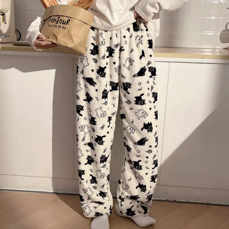 Black Cat Cartoon Pajamas Pants Kawaii Christmas PJS Korean Women Winter Warm Fluffy Flannel Sleepwear Girls Cute PJ Pants view 6