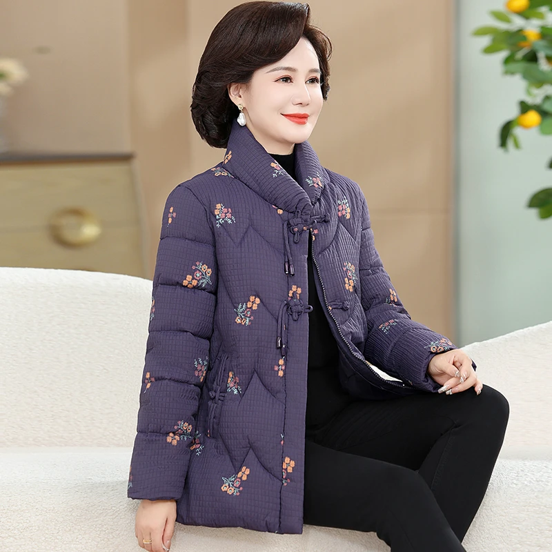 Chaqueta de algodón bordada con flores pequeñas, abrigo de algodón cálido con cuello levantado de invierno de alta calidad, Tops de talla grande, ropa gruesa y cálida 2026