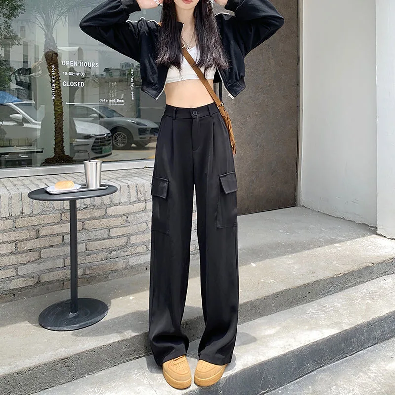 2024 Summer Vintage Trousers High Waist Loose Wide Leg Pants Pleated Elastic Waist Summer Streetwear Women Suit Pant Sweatpants