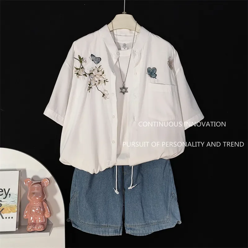 Men's 3 Piece Set Chinese Style Embroidery Short Sleeve Shirt Tank Top Denim Shorts Outfit