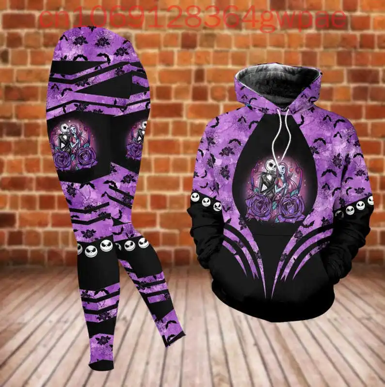 The Nightmare Before Christmas Jack Skellington y Selly Conjunto de mallas con capucha 3d para mujer Sudadera con capucha de Disney Pantalones de yoga Chándal deportivo