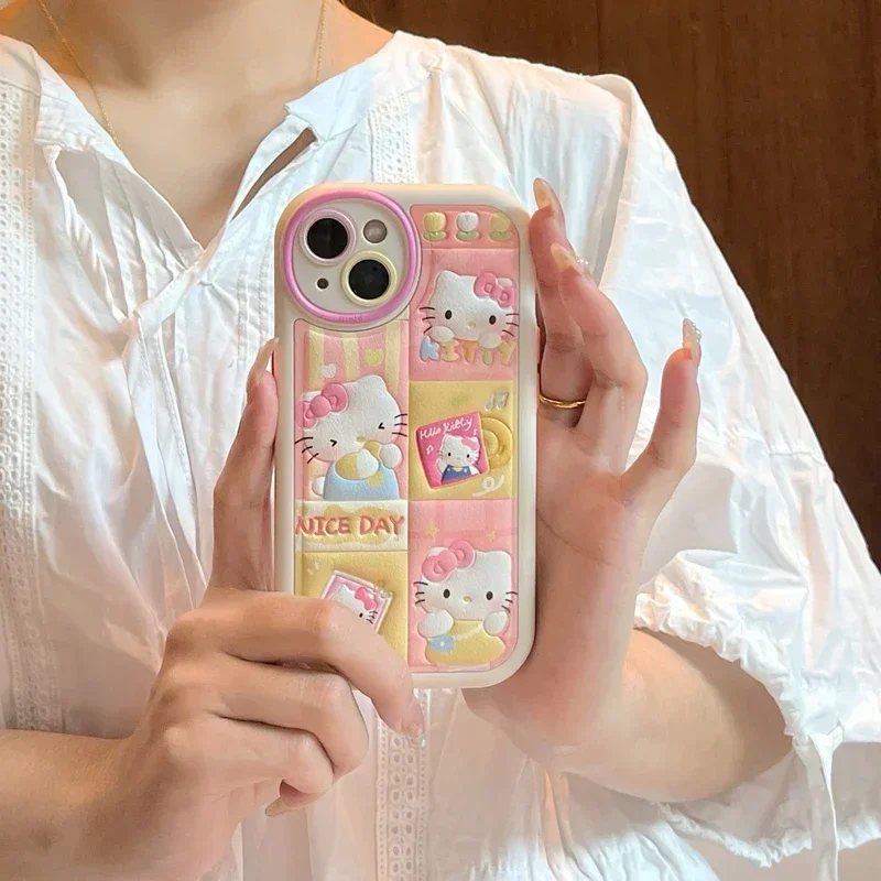 

Sanrio Hello Kitty Kuromi Embossed Leather Phone 3D Cute Case For IPhone 15 14 13 12 11 Pro Max Shockproof Soft Leather Cover