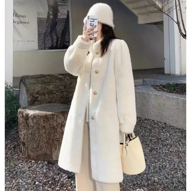 Manteau de vison à boutonnage simple, col montant, manteau super chaud, fourrure épaisse moyenne longue, manteau haut de gamme, nouveau, hiver 216.239.