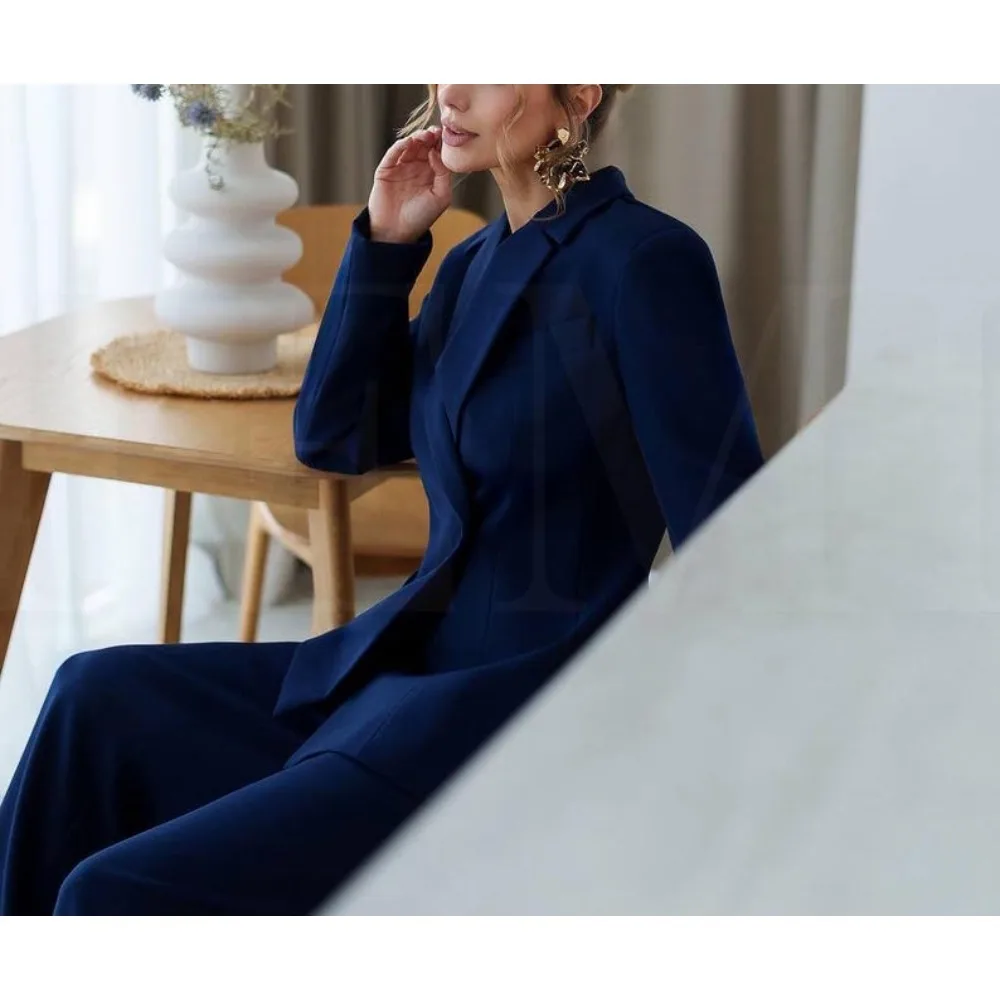 Terno de calça blazer cinza para mulheres, roupa de escritório elegante, roupa de duas peças de ajuste solto