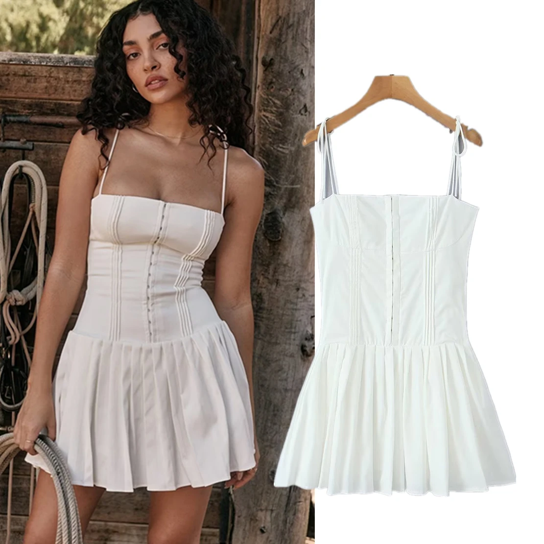 

Withered French Country Style White Elegant Dress Fashion Ladies Pleated Strapless Mini Dress Women