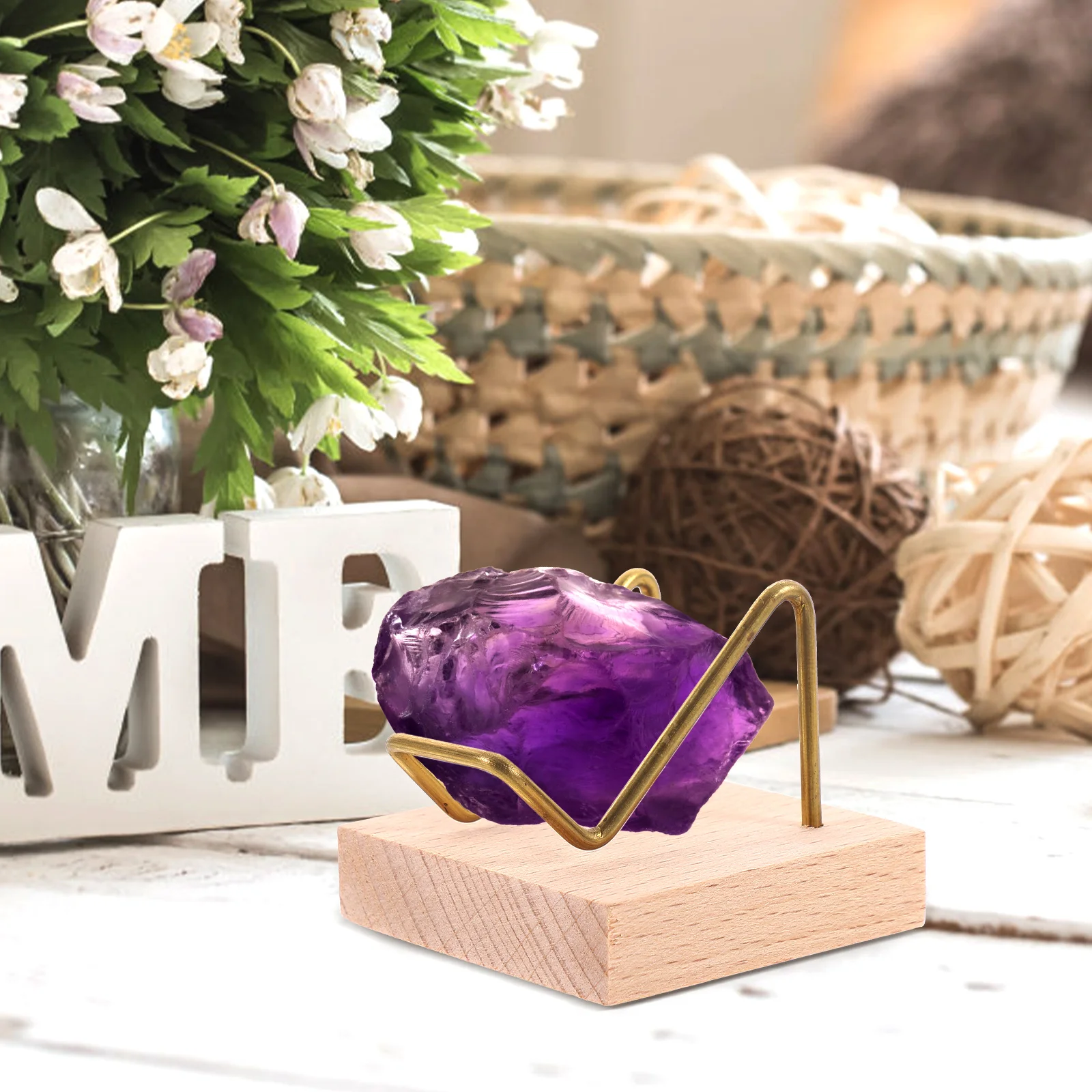 

1pc Raw Stone Display Stand Crystal Wood Pedestal Rock Base Shelf Sturdy Metal Arm Hold Collections Minerals Corals Sphere Stand