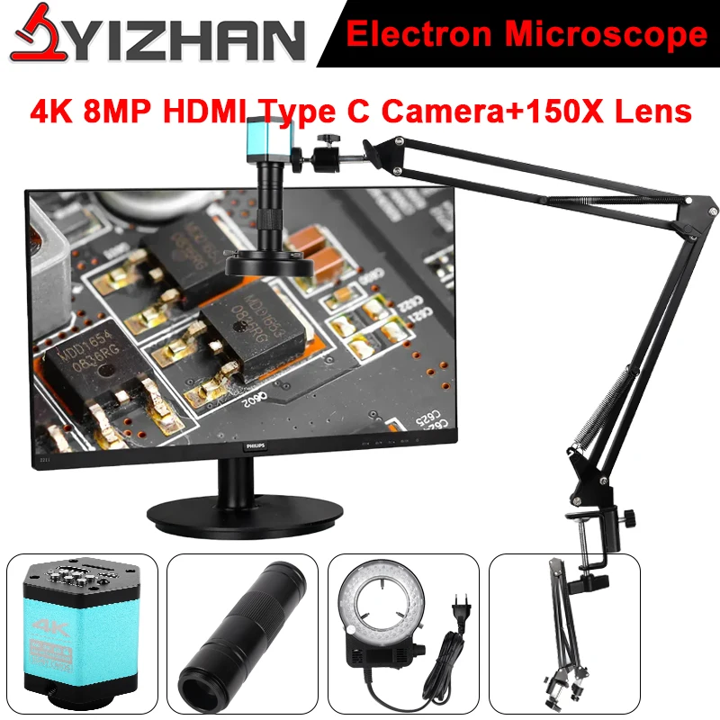 4K HD Digital Microscope for Electronics HDMI Type-C Industrial Soldering Camera 150X Zoom Lens Ring Light Digital Microscopio