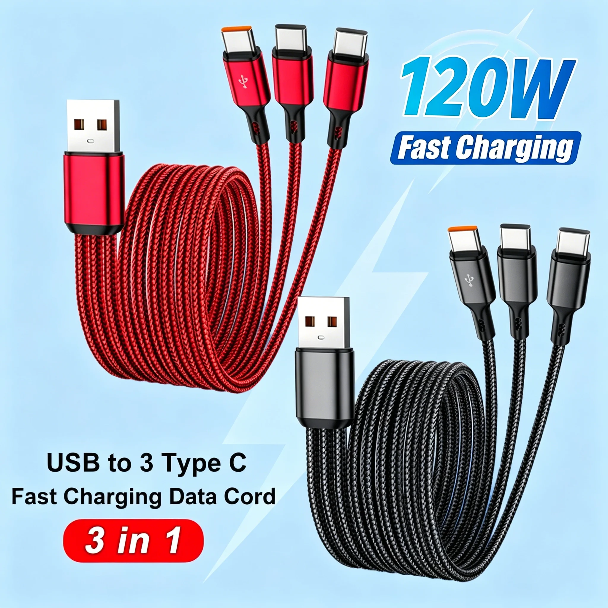 100W 3 In 1 USB-A to Type-C Fast Charging Cable Quick Data Wire for iPhone 16 HUAWEI HONOR Xiaomi USB-C High Power Charger Cord