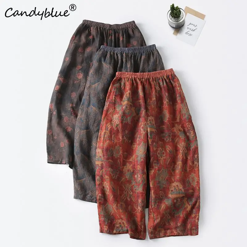 Trousers Women\'s 2023 Summer Contrast Vintage Printing Loose Elastic Waist Casual Personalized Versatile Casual Pants For Women