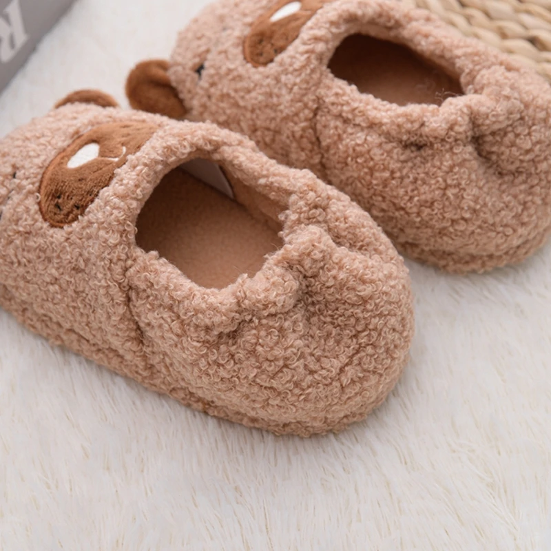 Toddler Boy Slippers for Kids Indoor Winter Cartoon Animal Bear Plush Warm House Footwear Soft Rubber Sole Home Shoes Baby Items