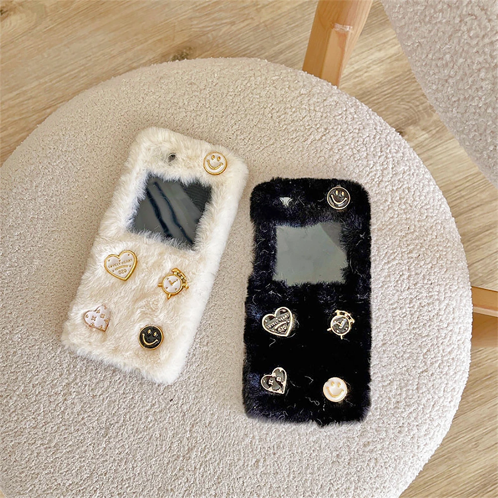 Осенне-зимний чехол для телефона с изображением любящего сердца часов и улыбающегося лица, пушистый чехол для Samsung Galaxy Z Flip5 Z Flip 4 Z Flip 3, теплый плюшевый чехол-накладка