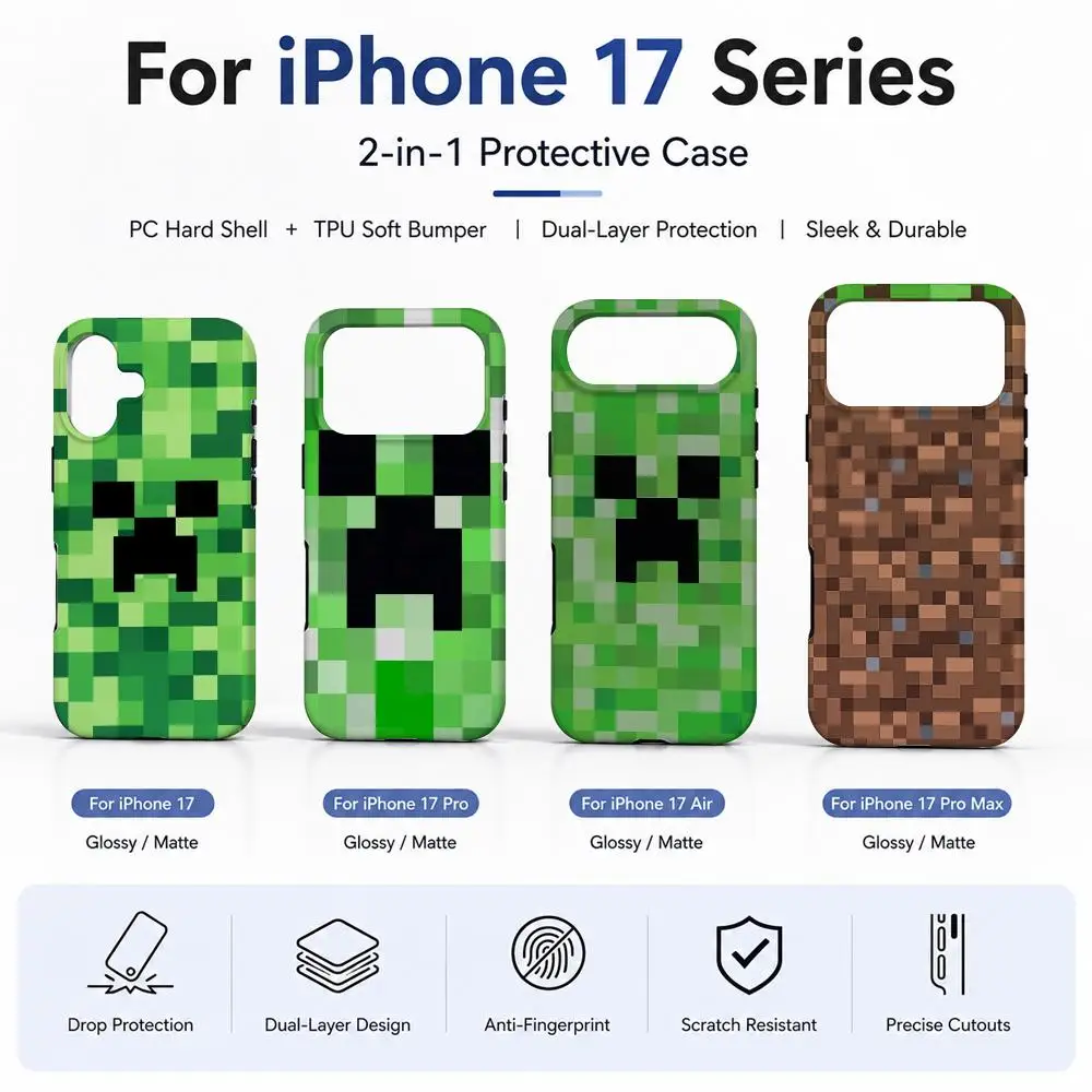 Hot Game Green Pixel Monster Cartoon Phone Case for iPhone 17 16 15 14 13 12 11 X XS XR 7 8 Air Pro Max Plus Double-layer Cover view 2