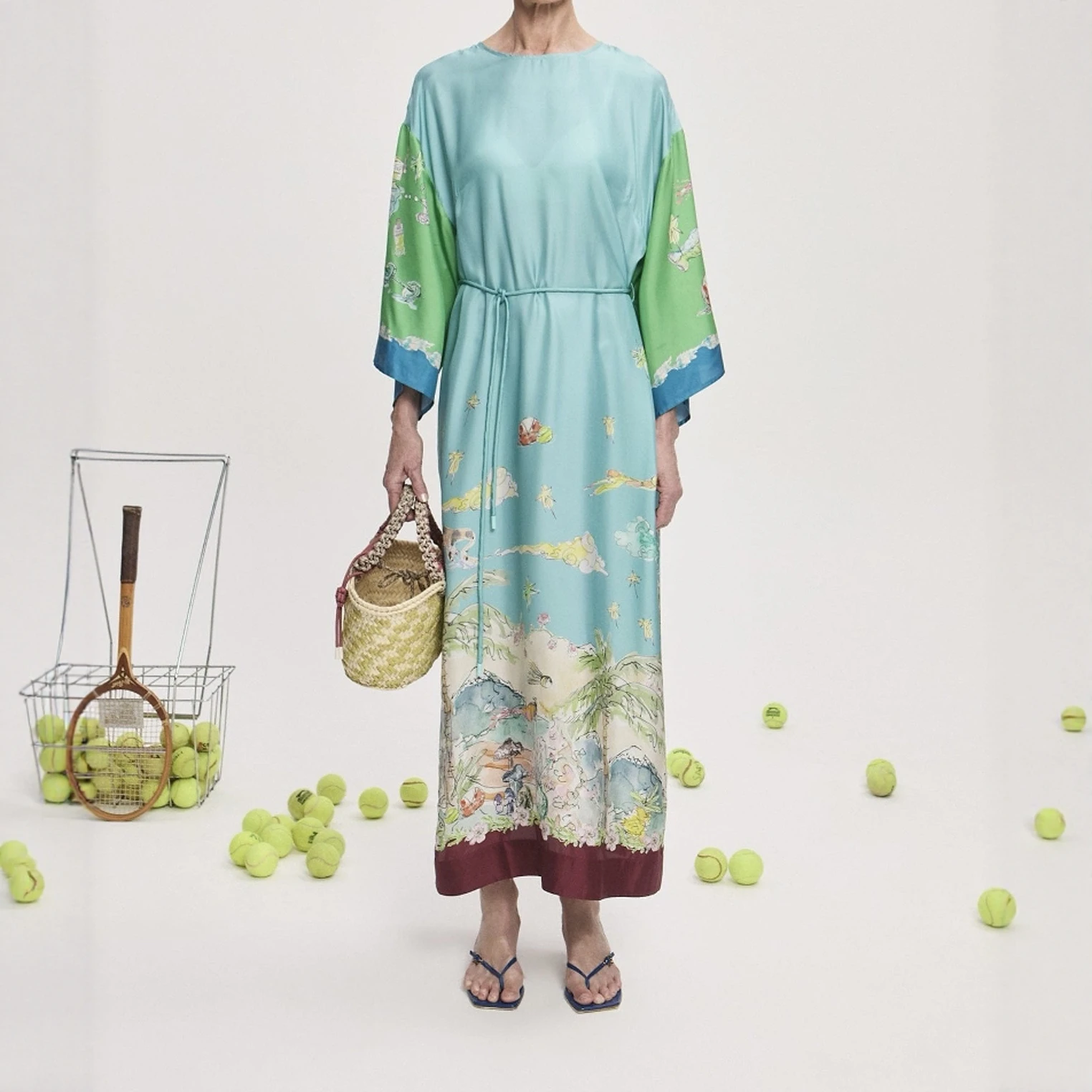 여름 신상 슬레 앰버 블루 실크 새틴 롱 프린트 드레스 여성용 루즈 매듭 캐주얼 올매치 여름 드레스