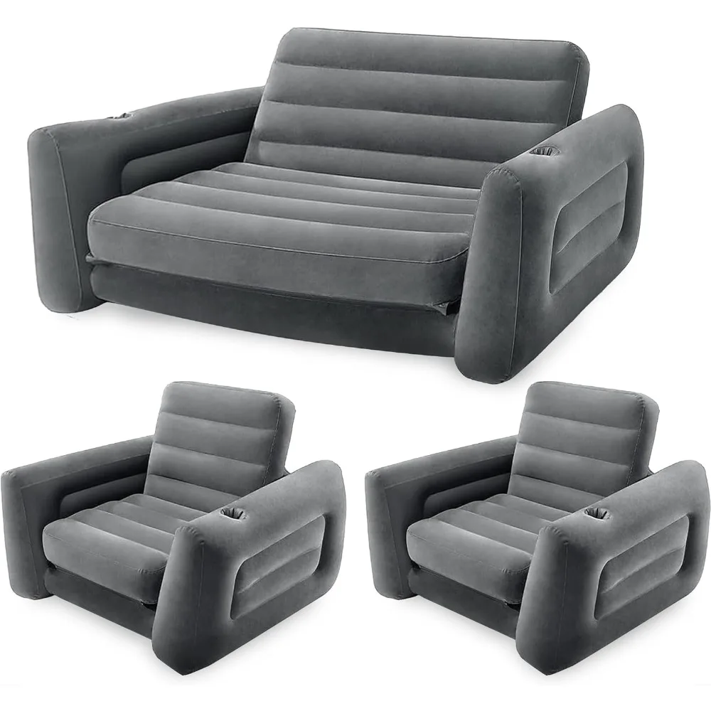 

Inflatable Furniture Set, with Queen Sized Pull-Out Sofa Bed and 2 Sofa Sleepers, Gray - Air Mattress, Portable Couch