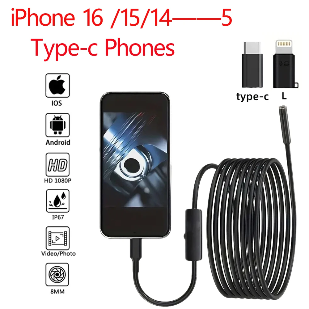 Industrial Endoscope Camera HD 960P Waterproof Inspection Borescope for Car Sewer Checking Camera with Flexible Probe Hard Wire