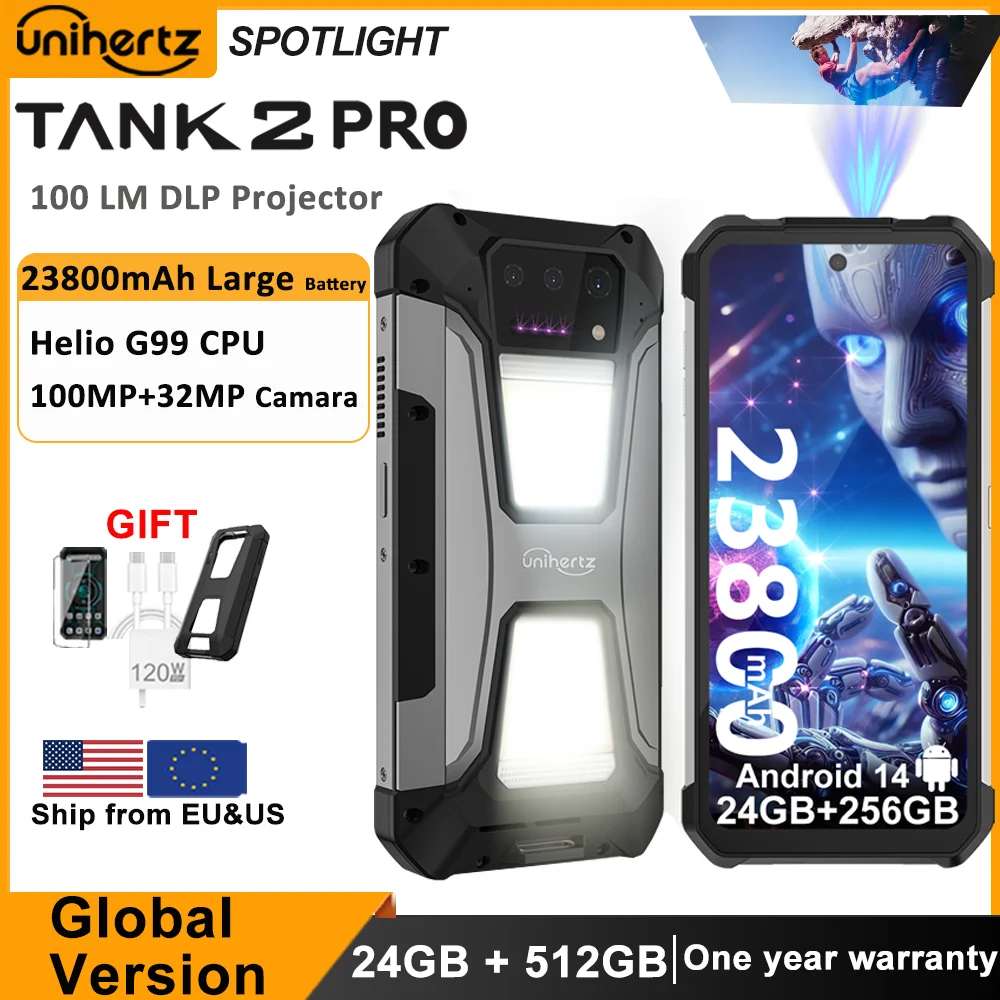 

Unihertz Tank 2 PRO 8849 Rugged phones with Projector 2.4K 23800 mAh 24GB+512GB Android 14 100MP NFC 120W G99 Octa Core Dual SIM