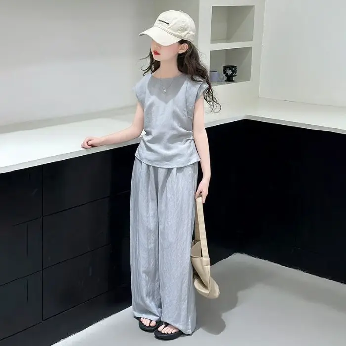 Summer Children's Clothing Set for Girls Teenager Narrow Waist Short Sleeve Top T-Shirt with Wide Leg Long Pants Apricot 4-12 Y