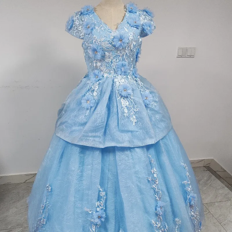 Vestido Quinceanera com decote profundo luxuoso, Vestido azul, Apliques vestido de baile, Vestidos De Noiva, Floral Lace Tiered, Princesa Banquete