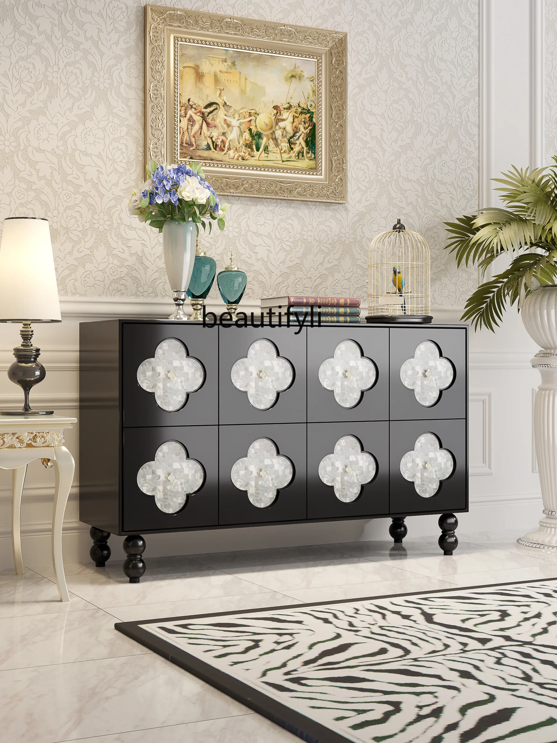 French Shell Retro Home Solid Wood Entrance Cabinet Hotel Restaurant Four-Grid Shoe Cabinet Sideboard Cabinet