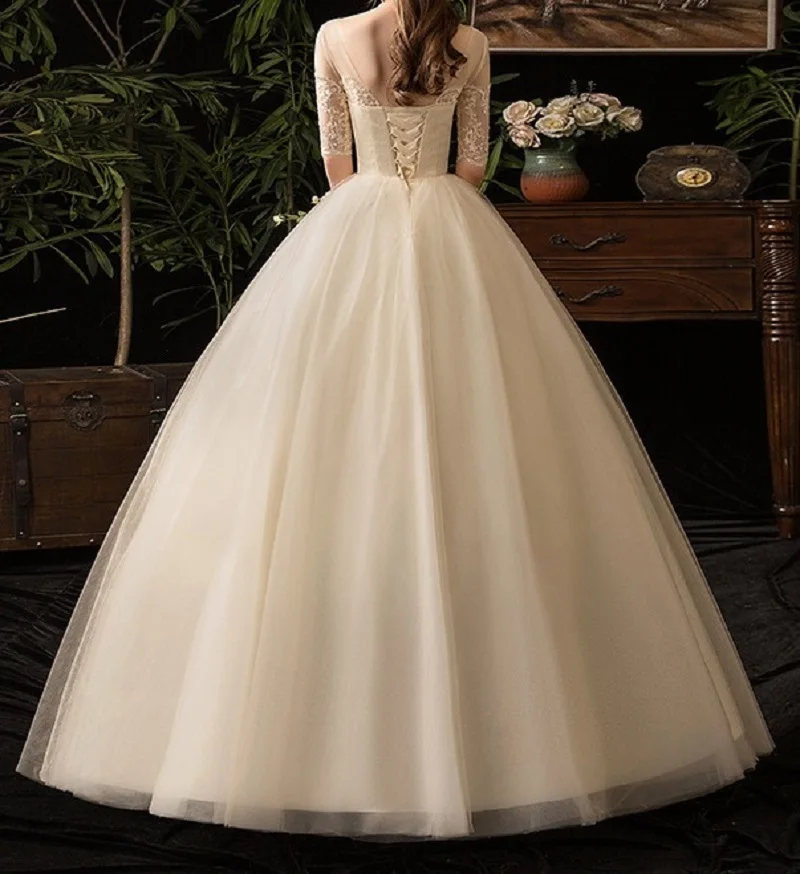 Robe de mariée princesse à manches mi-longues, col en cœur, dos à lacets, robe de Rh