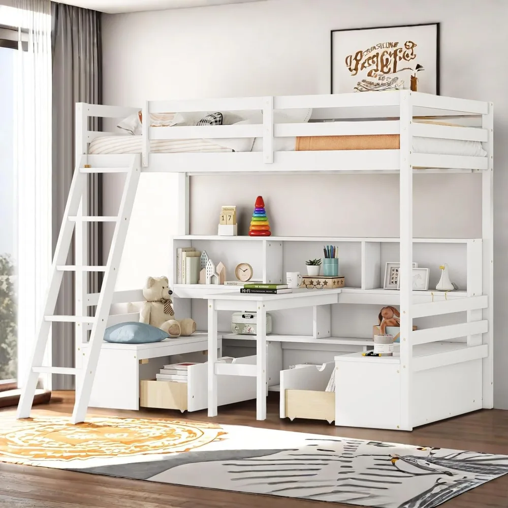 

Twin Size Low Loft Bed with Seat & Desk, Loft Bed Frame with Stairs & Stairway Storage Drawers and Shelves & Wood Slats Support