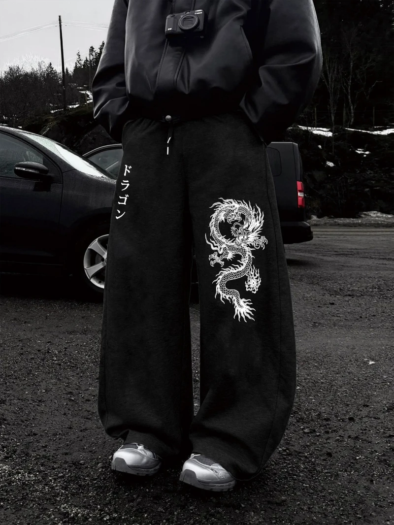 Women's Wide-Leg Gothic Tribal Print Pants - Oversized Loose Fit with Elastic Y2K Streetwear Suitable for Daily Wear & Pants