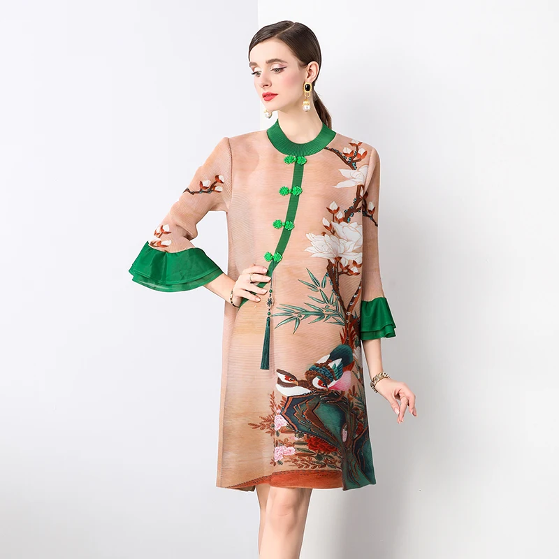2024 Autumn New Wrinkle Elastic Magic Skirt for Women, Chinese Retro Printed O-Neck Loose Large Casual Long Sleeve Skirt