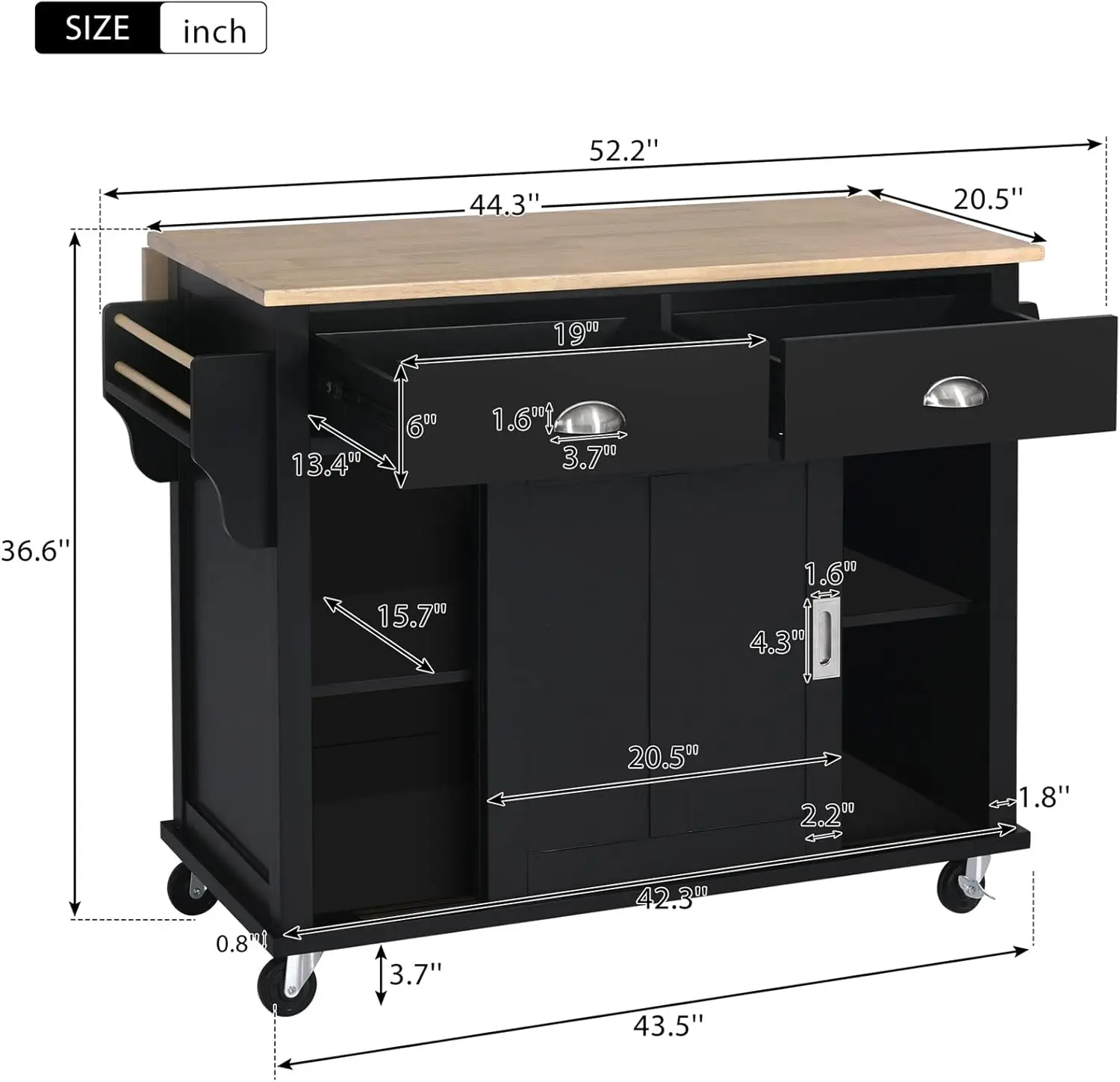 Island Cart with Drop Leaf Rubber Wood, Rolling Kitchen Island with Storage & Sliding Barn Door, Kitchen Island on Wheels