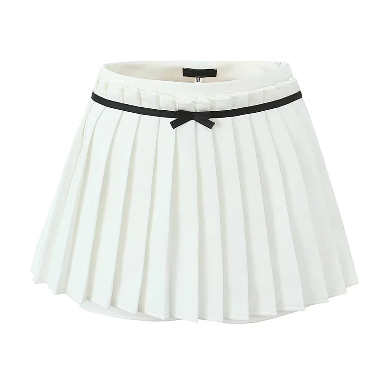 

YENKYE Sweet Women Bow High Waist Pleated White Mini Skirt With Shorts Underwear Lining Female Summer Skirts