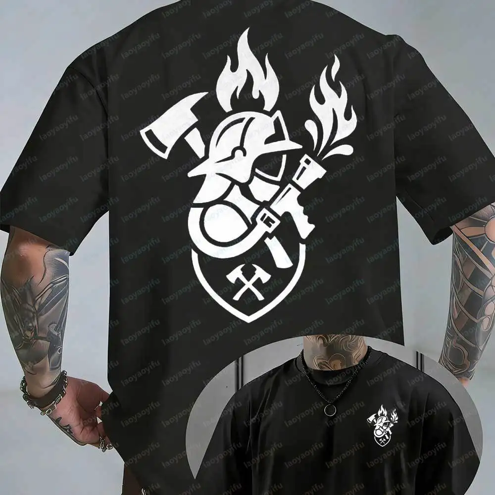 Firefighter Badge T-shirt,Fireman Graphic Tee,Men's Vintage Streetwear Oversized Cotton Short Sleeve Graphic T Shirts Streetwear