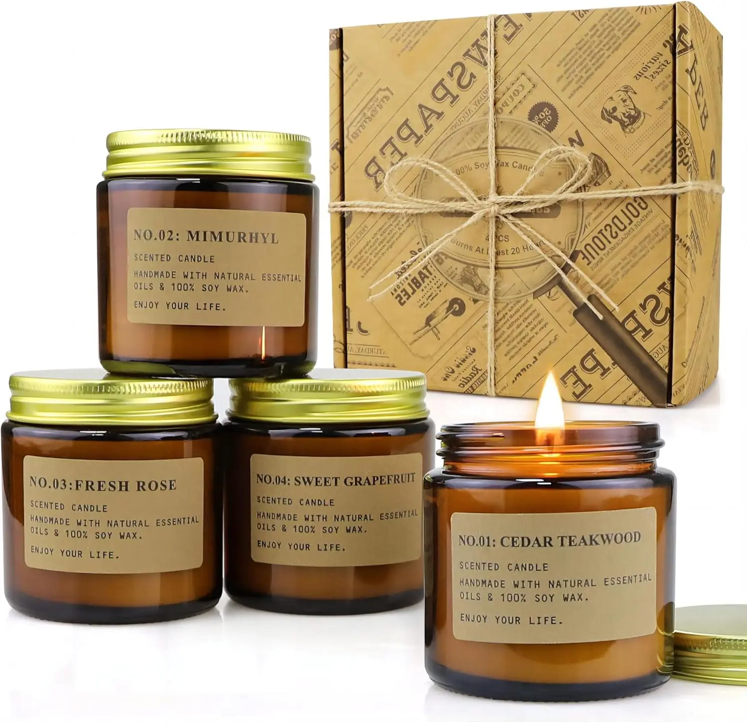 

4 Pack Scented Soy Wax Candles in Amber Glass Jars, Aromatherapy Home Decor Gift for Women with Kraft Wrapping