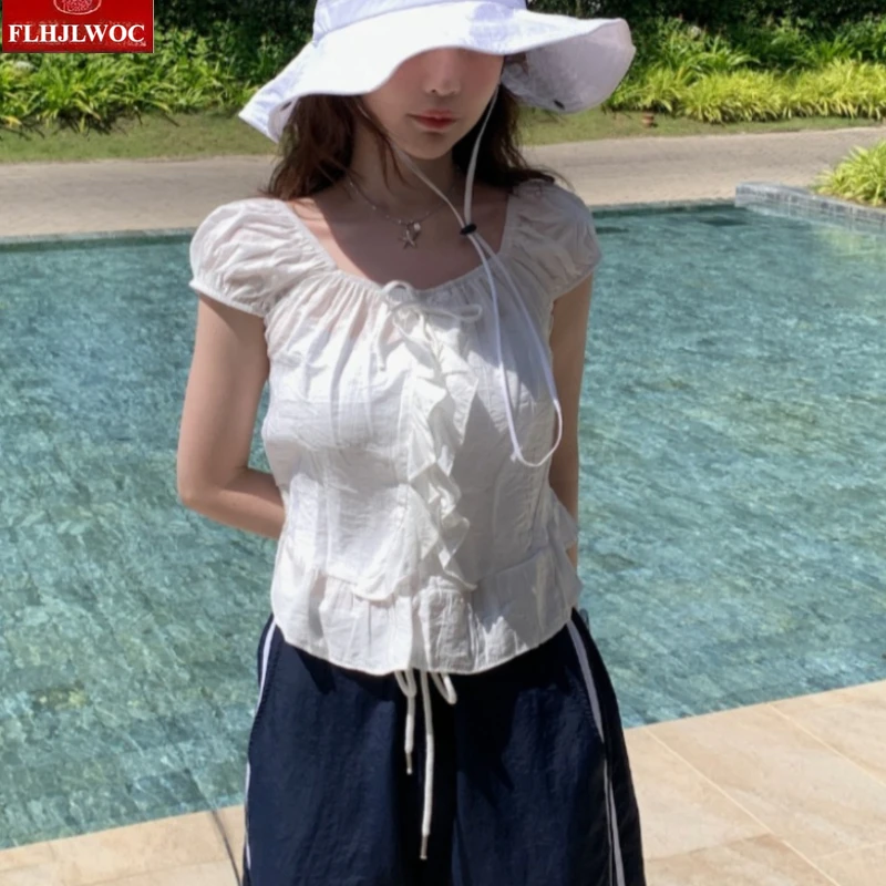 Cotton Tie Strap Tops Blouses Cue Sweet Japan Style Girls Women Sweet Ruffled Blouse Ruched Drawstring Tie Casual Short Crop Top