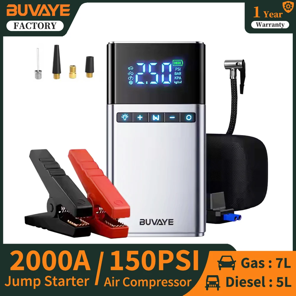 BUVAYE Car Jump Starter Power Bank With Air Compressor 2000A Battery Booster 150PSI Electric Pump 12V Jump Pack With LED Light