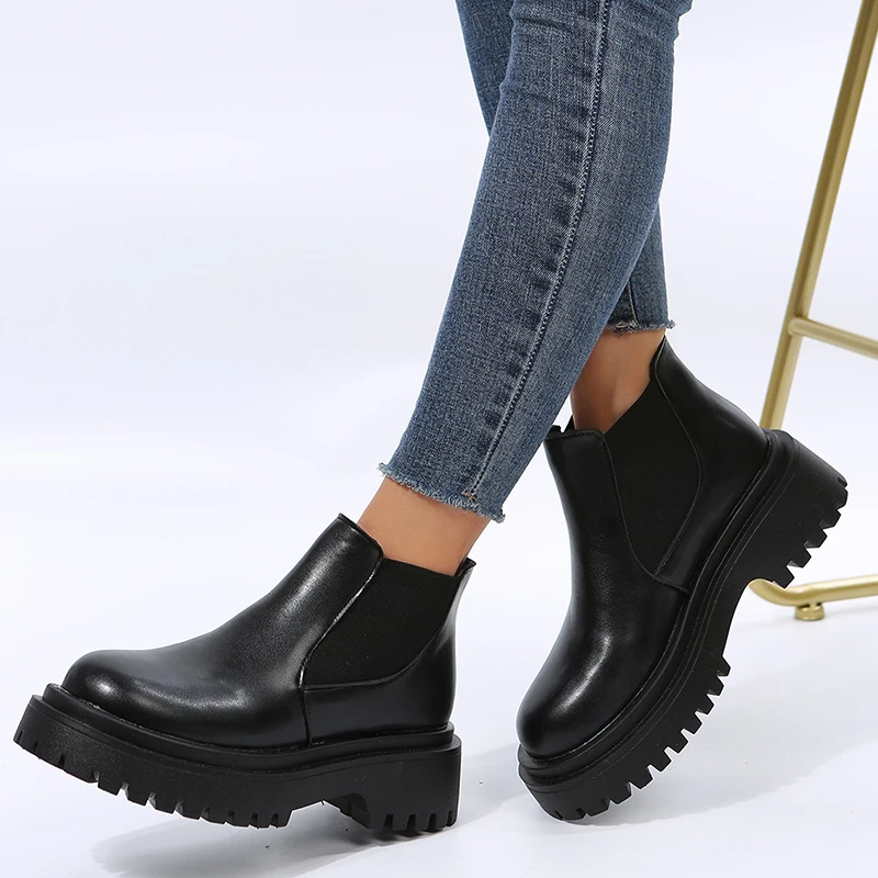 Chelsea Boots for Women 2023 PU Leather Ankle Booties Woman Punk Thick Bottom Slip on Combat Boots Black Chunky Platform Botas