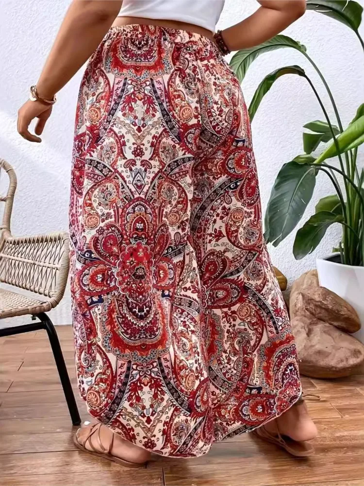 Plus Size Bohemian Style Summer Wide Leg Pant Women Geometric Print Fashion Ladies Trousers Loose Casual Pleated Woman Pants