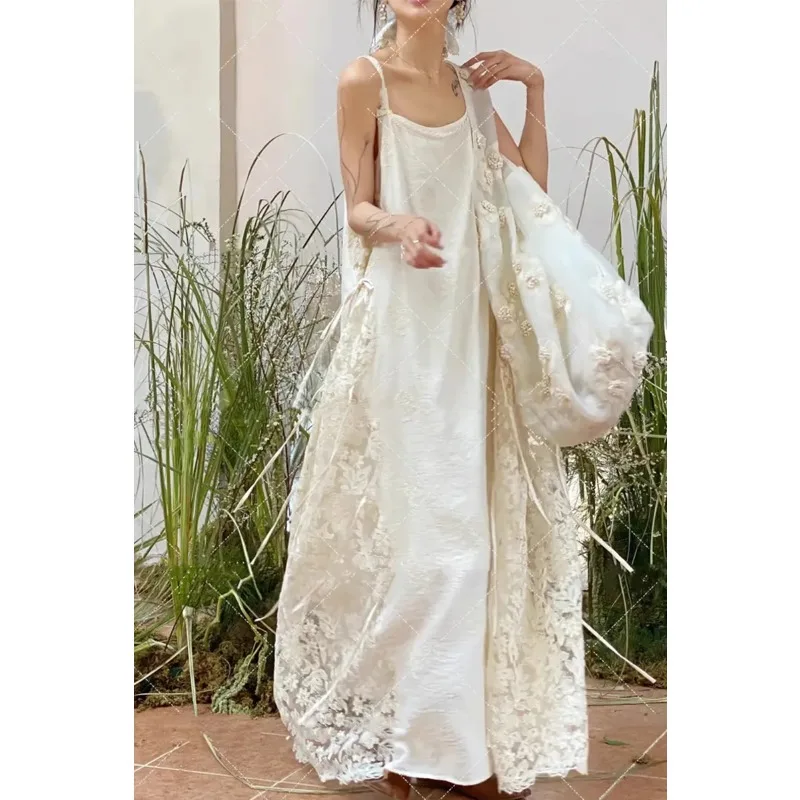 

Women Spaghetti Strap Lace Patchwork Maxi Dress Casual Loose Floral Embroidery Long Dress
