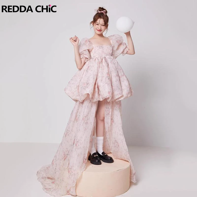 

ReddaChic Women Hi-lo Ruffle Floral Dress with Train Puffy Miniskirt Ball Gowns Fairycore Princess Girl Maxi Long Sundress