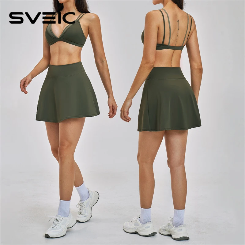 

SVEIC Женский спортивный комплект из двух частей с эффектом двухслойности, с цветовыми блоками, красивой спинкой, высокой талией, короткой юбкой, для фитнеса, тенниса, бега, йоги