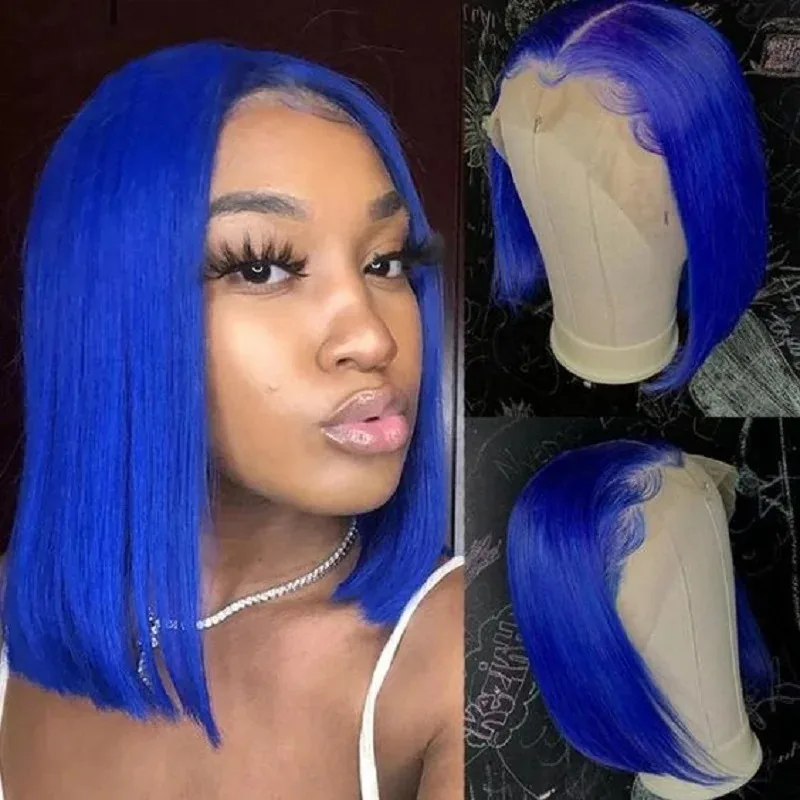 Blaue Farbe gerade kurze Bob Spitze Frontal Perücke 13x4 Spitze Front Bob Echthaar Perücken transparente Spitze Bob Perücke für menschliche Spitze Perücken