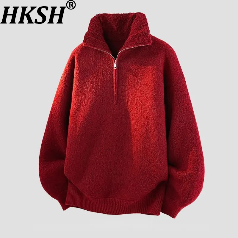 

HKSH Autumn Winter New Men Tide Chic Ins Avant-Garde Half-Zip Sweater Thickened Warm Knitted Sweater Fashion Vibe Coats HK18847