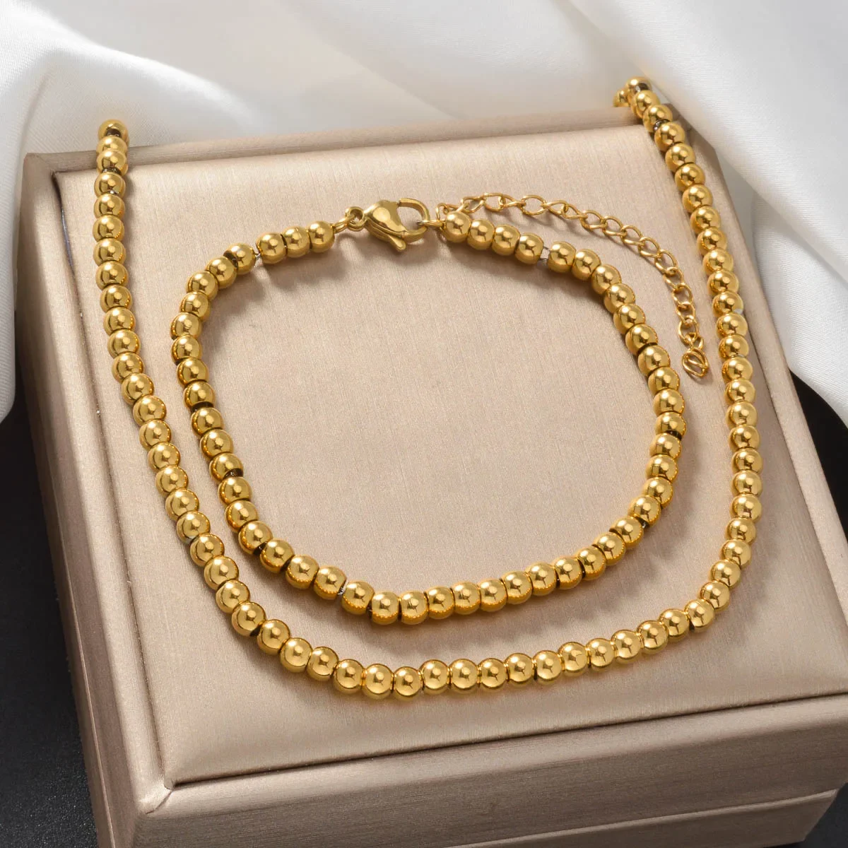 

Round Ball Bead Jewelry Set for Women Gold Plated Stainless Steel Necklace Bracelet Daily Wear Office Elegant Gift Idea
