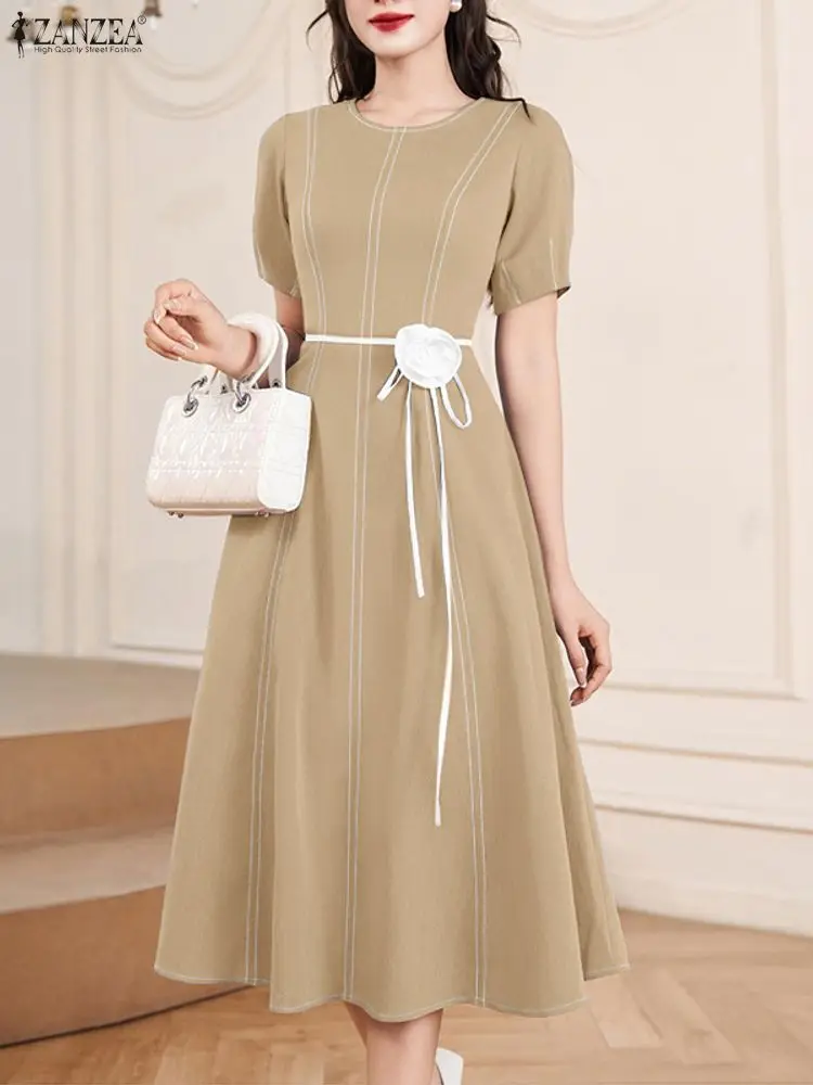 ZANZEA Elegant Women Fabric Flower Midi Dresses Casual O-Neck Short Puff Sleeve Fitted Waist Contrast-Stitch Classy A-Line Dress
