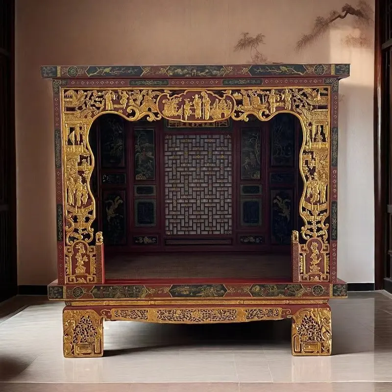 Classical bed Republic of China step-up bed handmade old wood carving flower shelf bed antique wood carving  carving