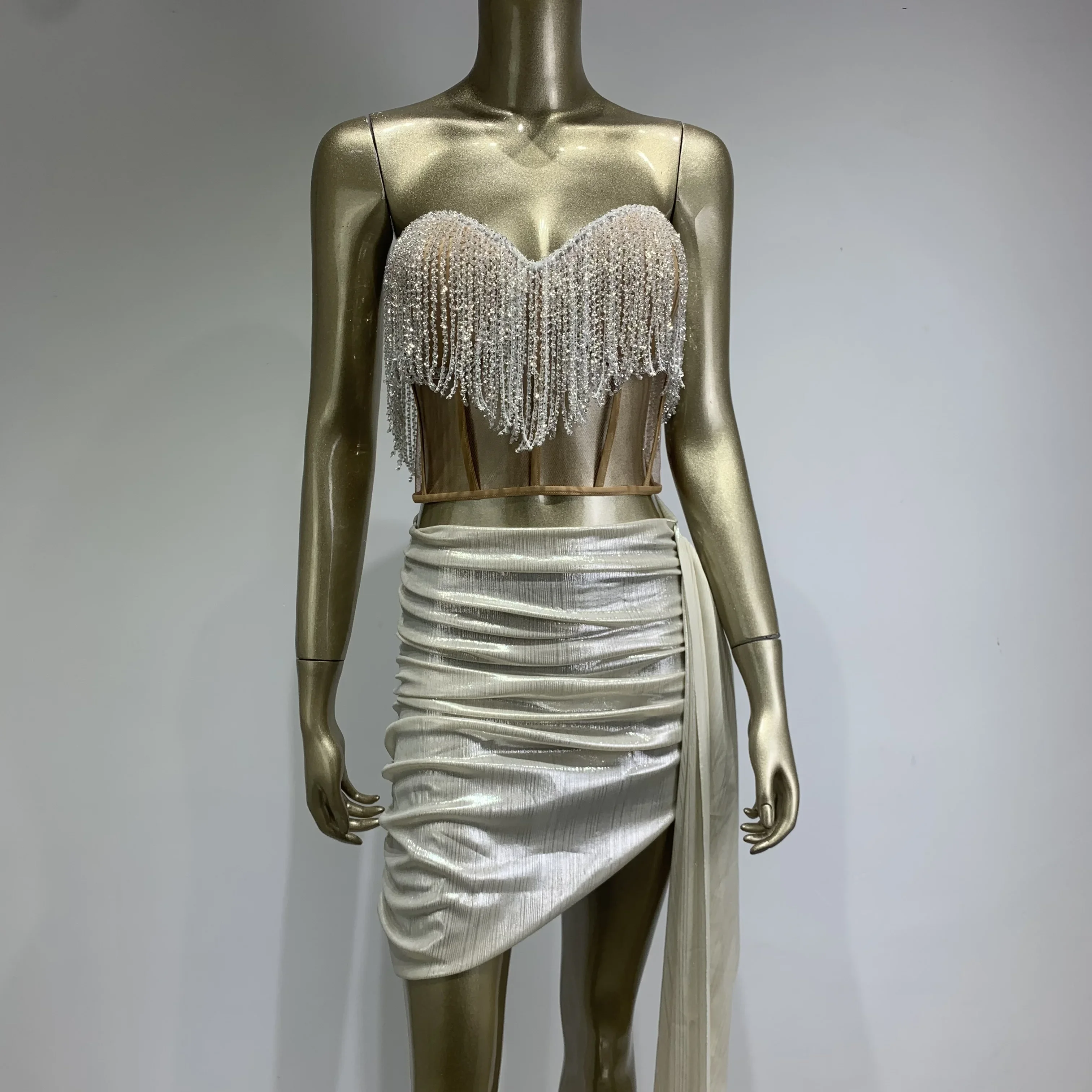 

Women Sexy Celebrity Shining Beading Skirt Set Celebrate Birthday Evening Party Two Piece Set Singer Dancer Performance Costume