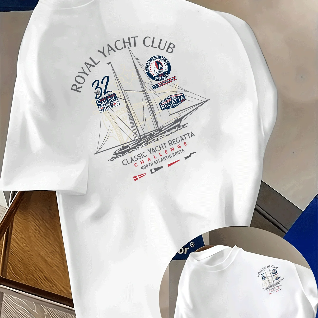 Herren T-Shirt im Küstenstil mit Motiv „Klassische Yacht- und Segelrennen“ – Segelbootmuster, lockere Passform, 100 % Baumwolle, Sommer-T-Shirt – Detail 2