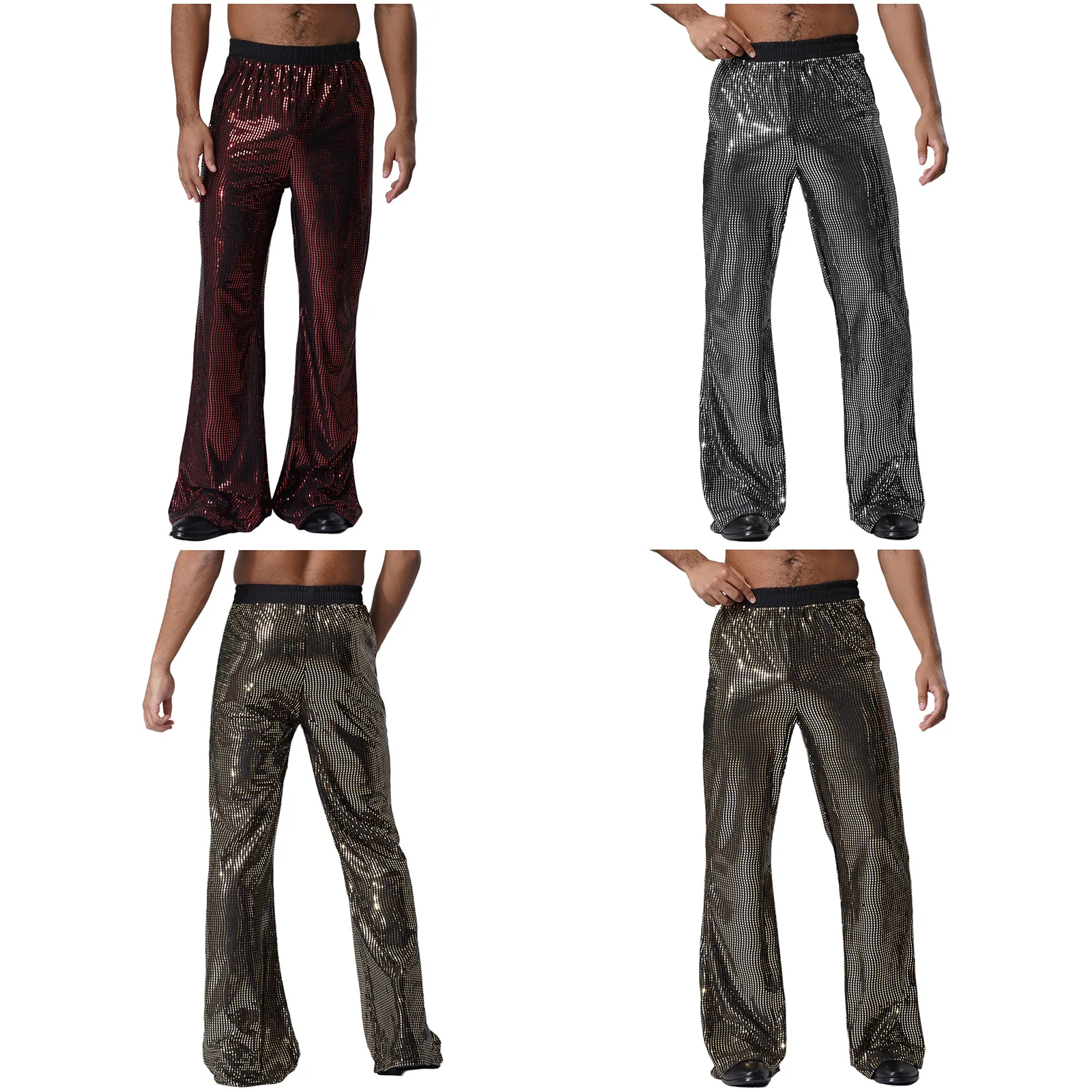 Men Glitter Sequin Flared Pants 70s Disco Costume Elastic Waist Bell Bottom Long Pants Trousers for Club Jazz Rock Music Party